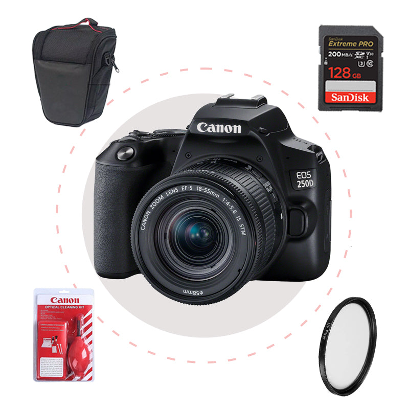 Camara Canon 250 D + Memoria + Estuche + Filtro + Kit de limpieza